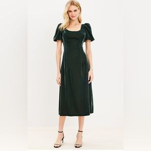 LOFT Velvet Puff Sleeve Midi Flare Dress